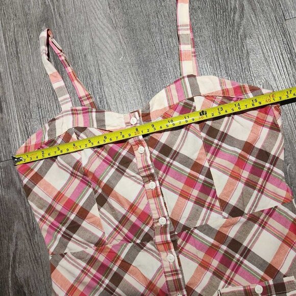 Vintage cute Y2K pink and brown plaid sweetheart midi dress with ruffles - Picture 13 of 14